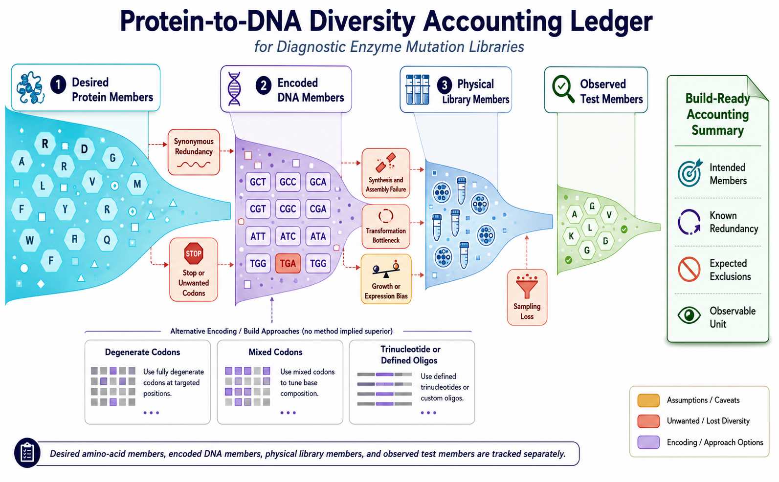 Protein-to-DNA diversity accounting ledger for diagnostic enzyme mutation libraries showing desired encoded physical and observed members