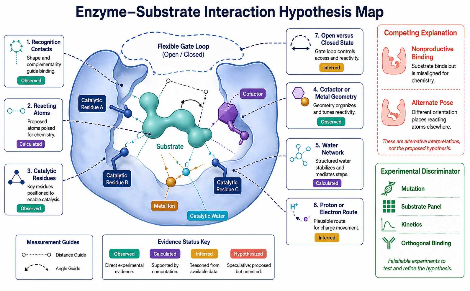 Enzyme-substrate interaction hypothesis map showing recognition catalytic residues cofactors metals waters and reaction geometry