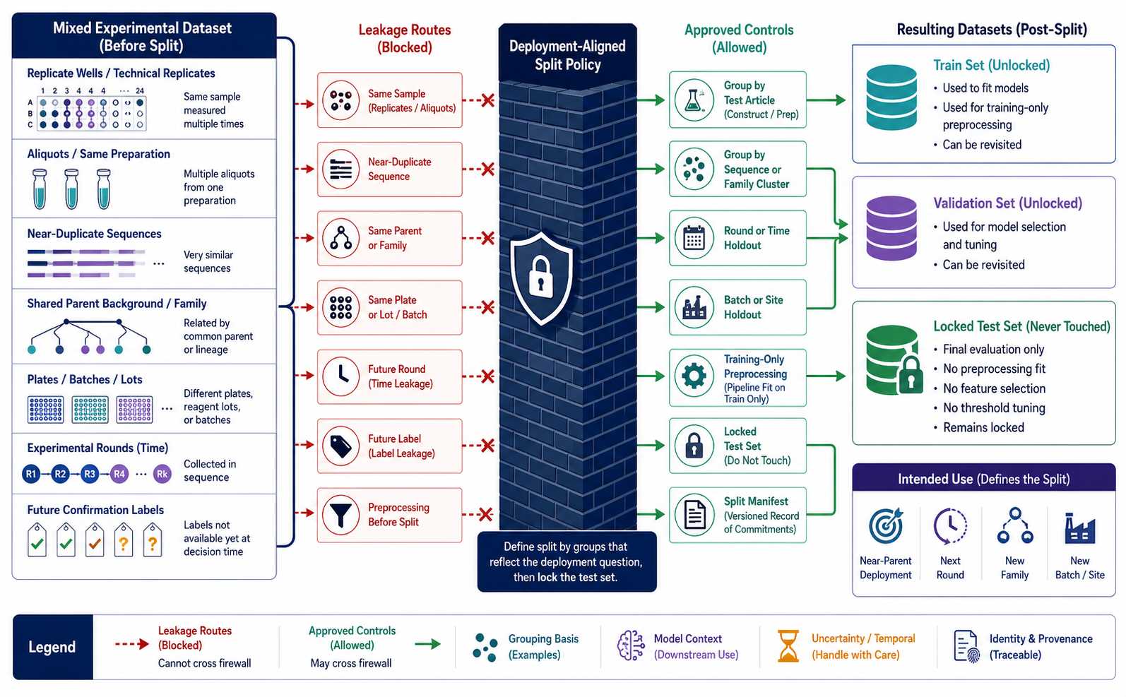 Protein engineering data leakage firewall with sequence batch round and preprocessing controls