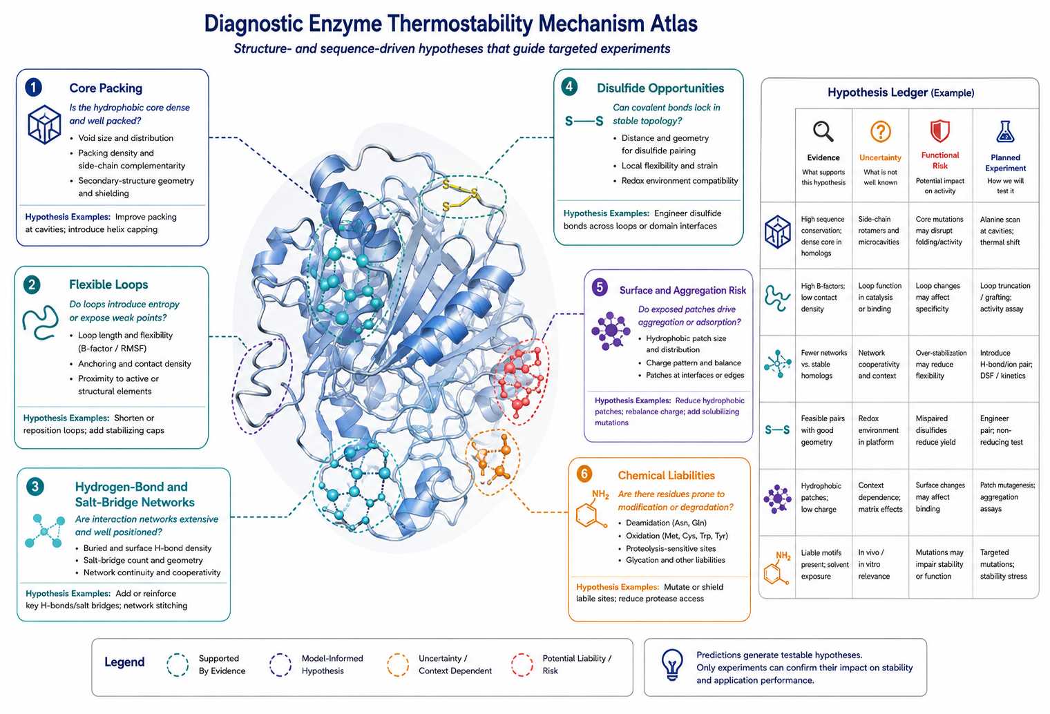 Diagnostic enzyme thermostability mechanism atlas showing core packing flexible loops interaction networks disulfide opportunities surfaces and chemical liabilities