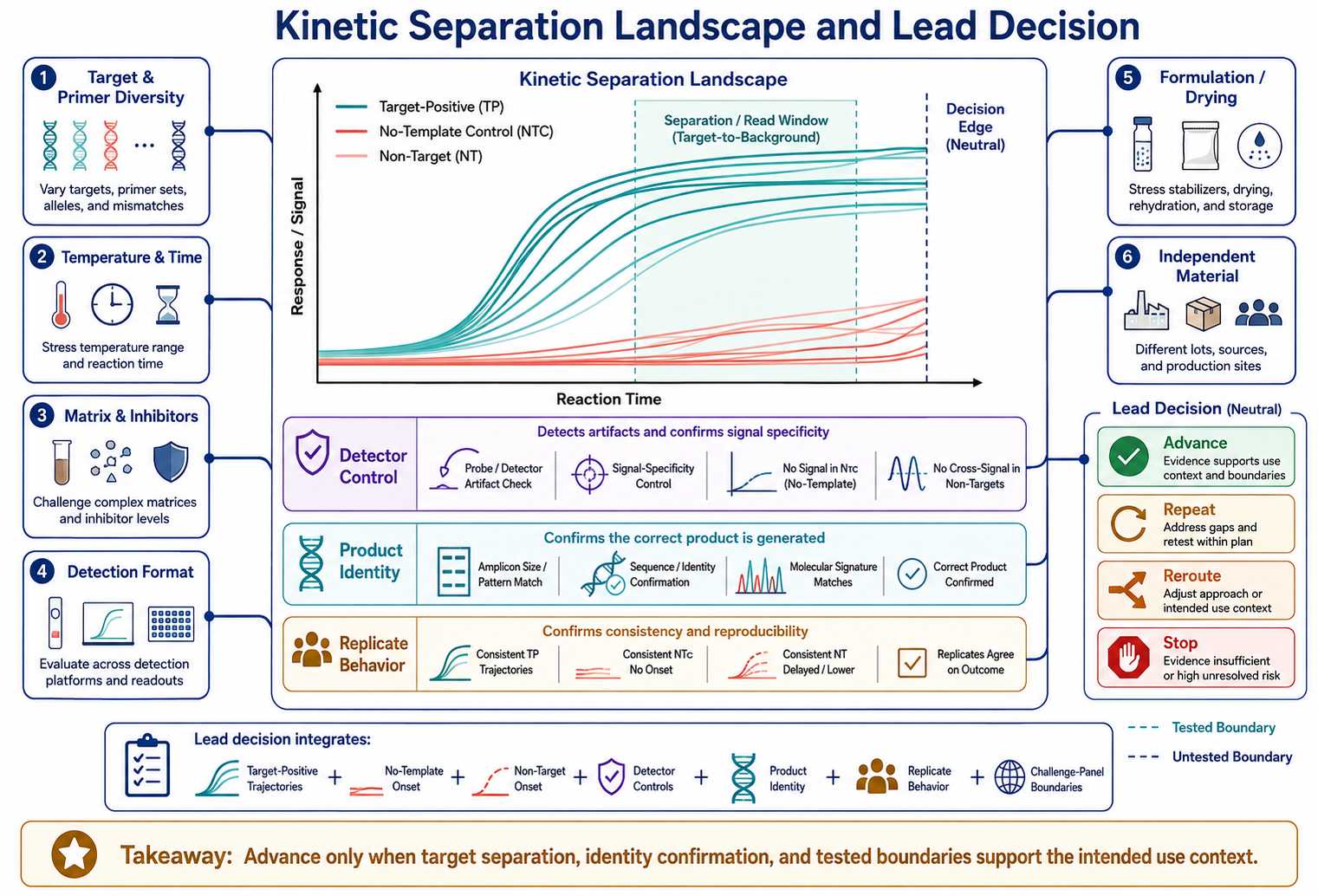 Kinetic separation landscape for target no-template and challenge-panel isothermal amplification results