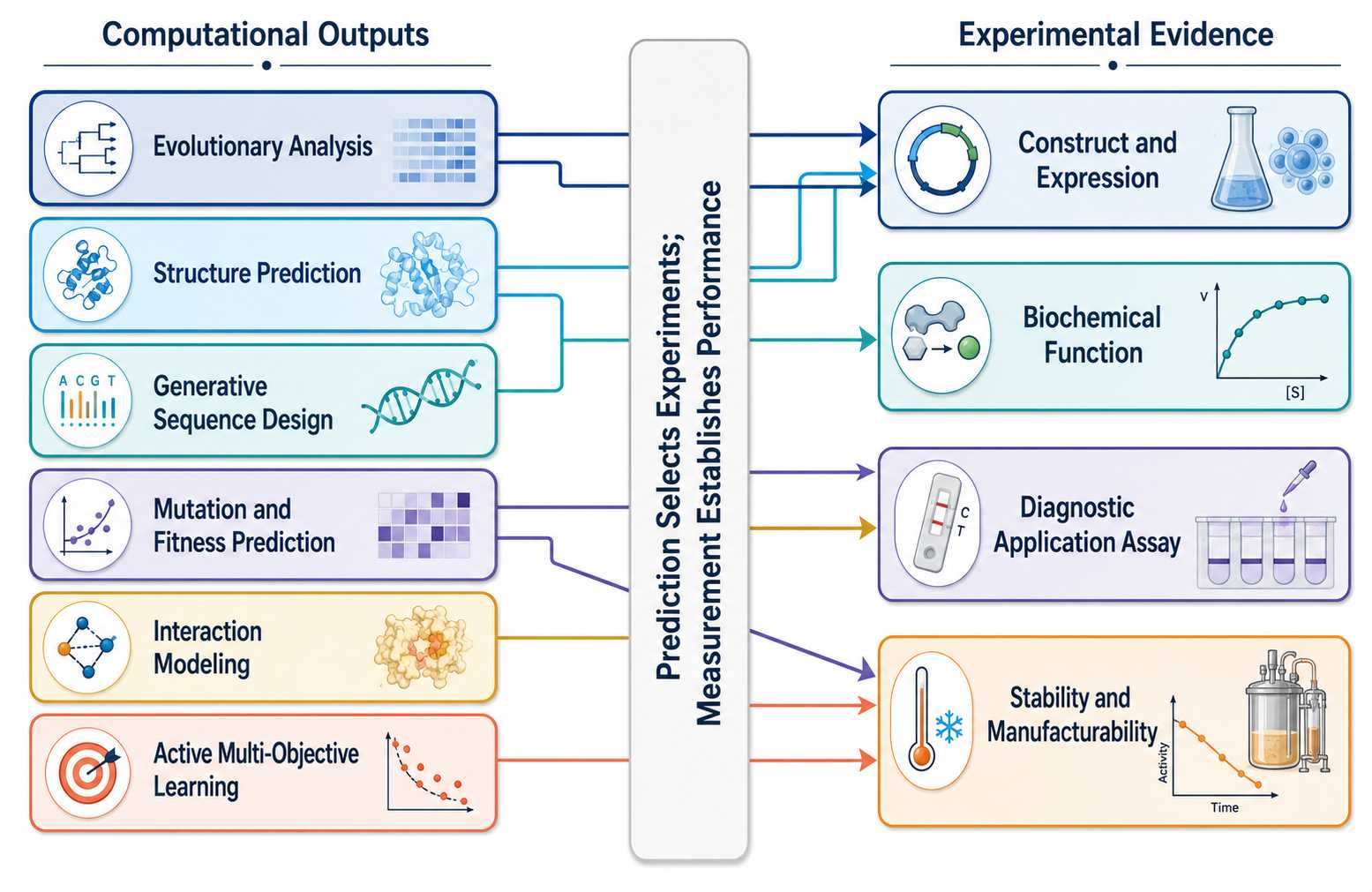 Evidence stack connecting AI enzyme design outputs to experimental validation requirements