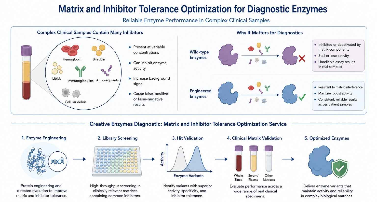 Matrix and inhibitor tolerance optimization for diagnostic enzymes