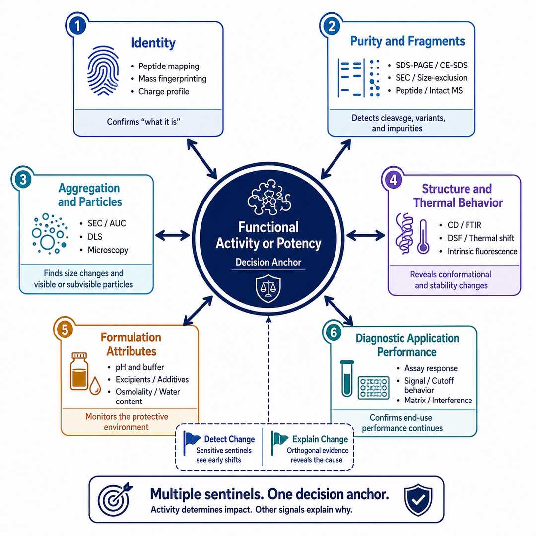 Stability-indicating analytical sentinel panel combining enzyme activity identity purity structure particles formulation attributes and application performance