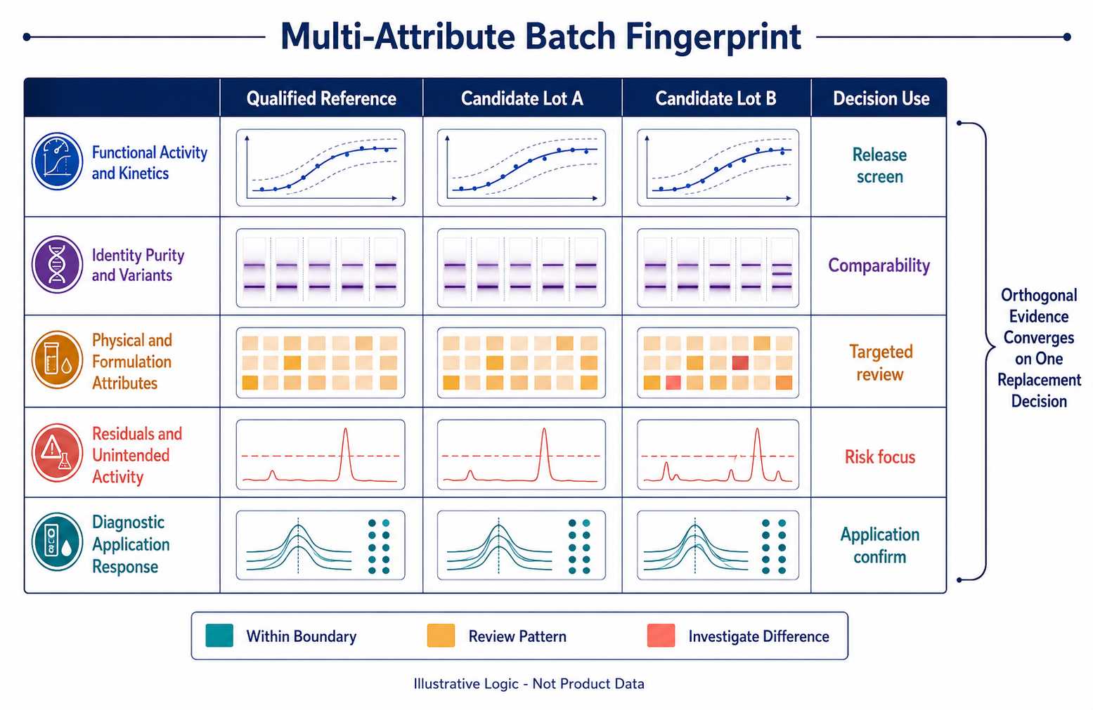 Multi-attribute diagnostic enzyme batch fingerprint comparing activity identity purity physical state residuals formulation and application response