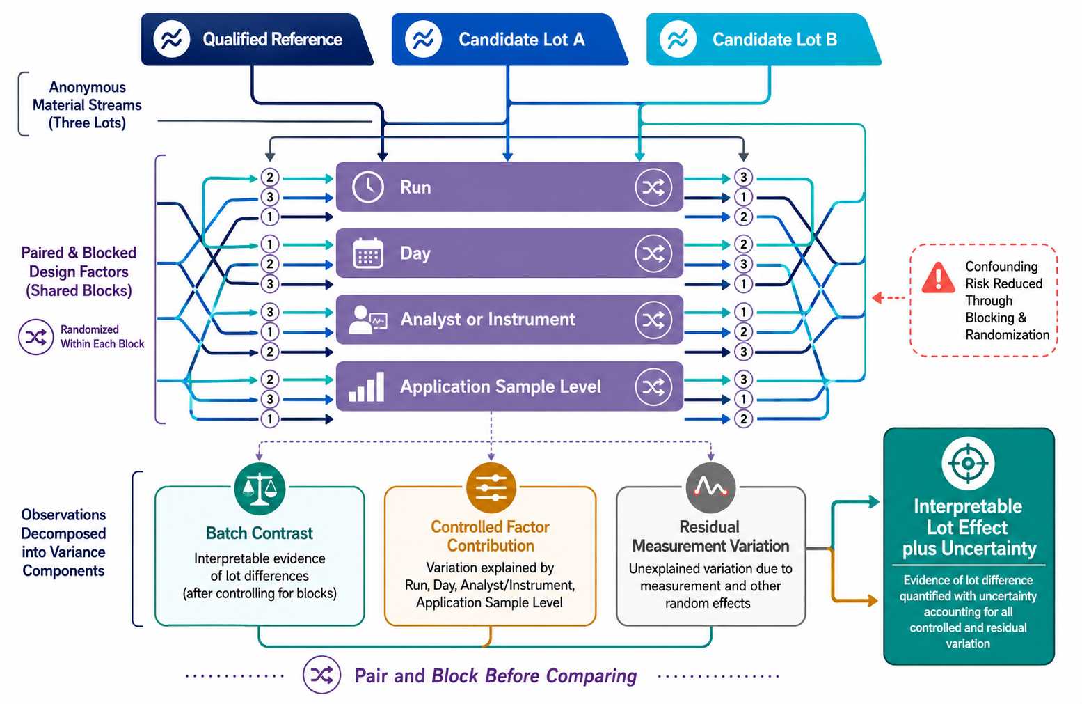 Paired and blocked diagnostic enzyme lot-comparison design separating batch effects from run day analyst instrument sample and residual measurement variation