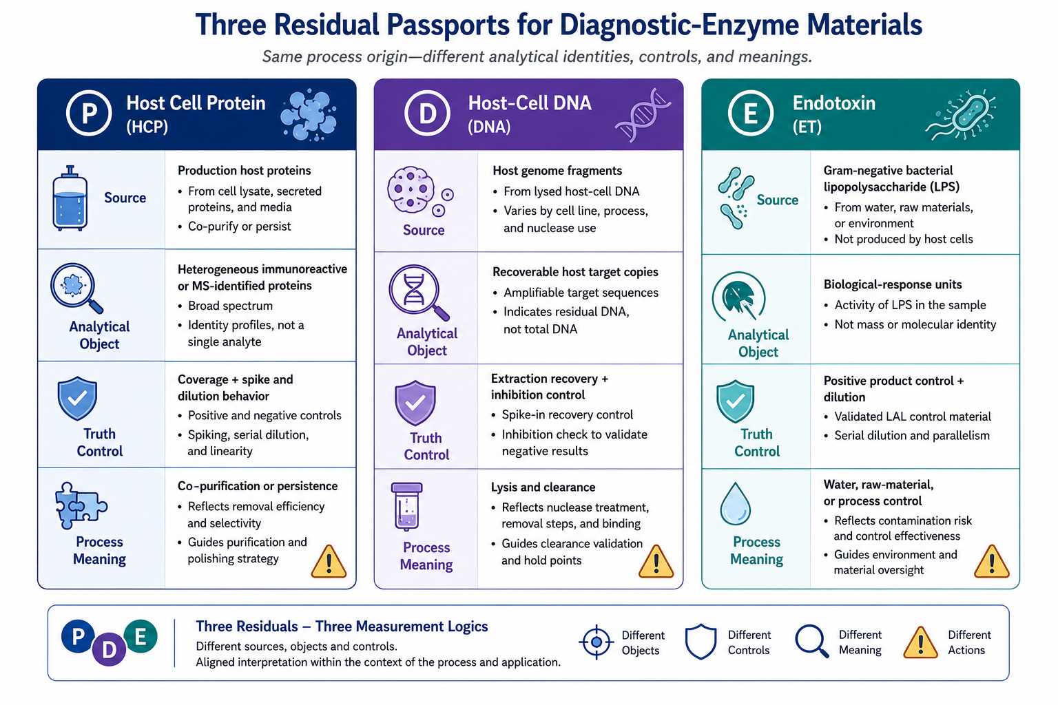 Three residual passports comparing source analytical object control risk and process meaning for host cell protein host DNA and endotoxin in diagnostic enzymes