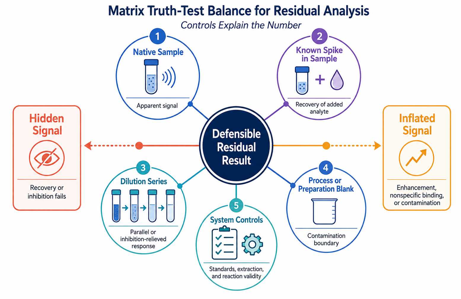 Matrix truth test for diagnostic enzyme residual analysis combining native sample spike recovery dilution series process blank and analytical system controls