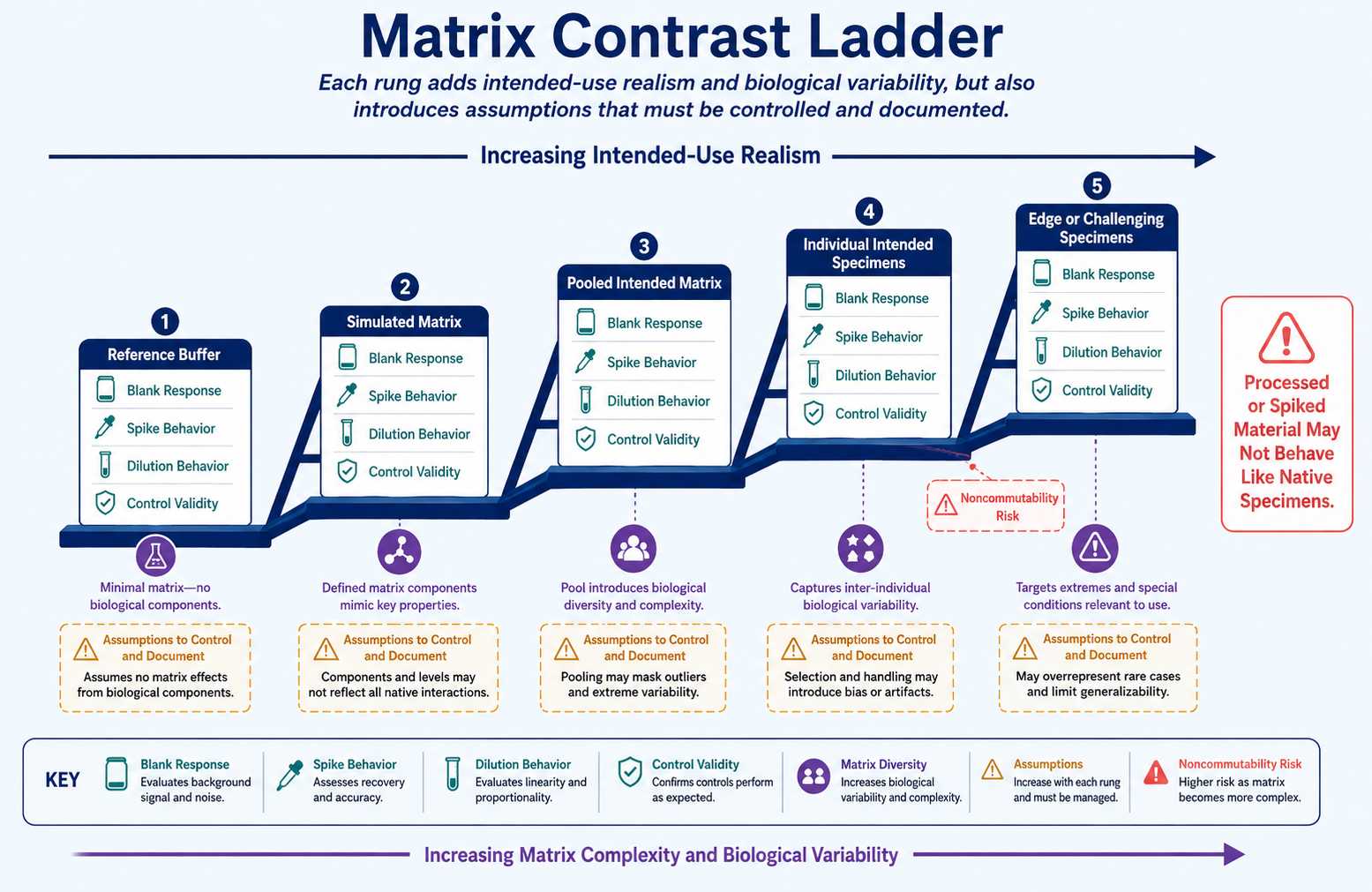 Matrix contrast ladder for diagnostic enzyme interference studies progressing from reference buffer through simulated pooled individual and edge specimens