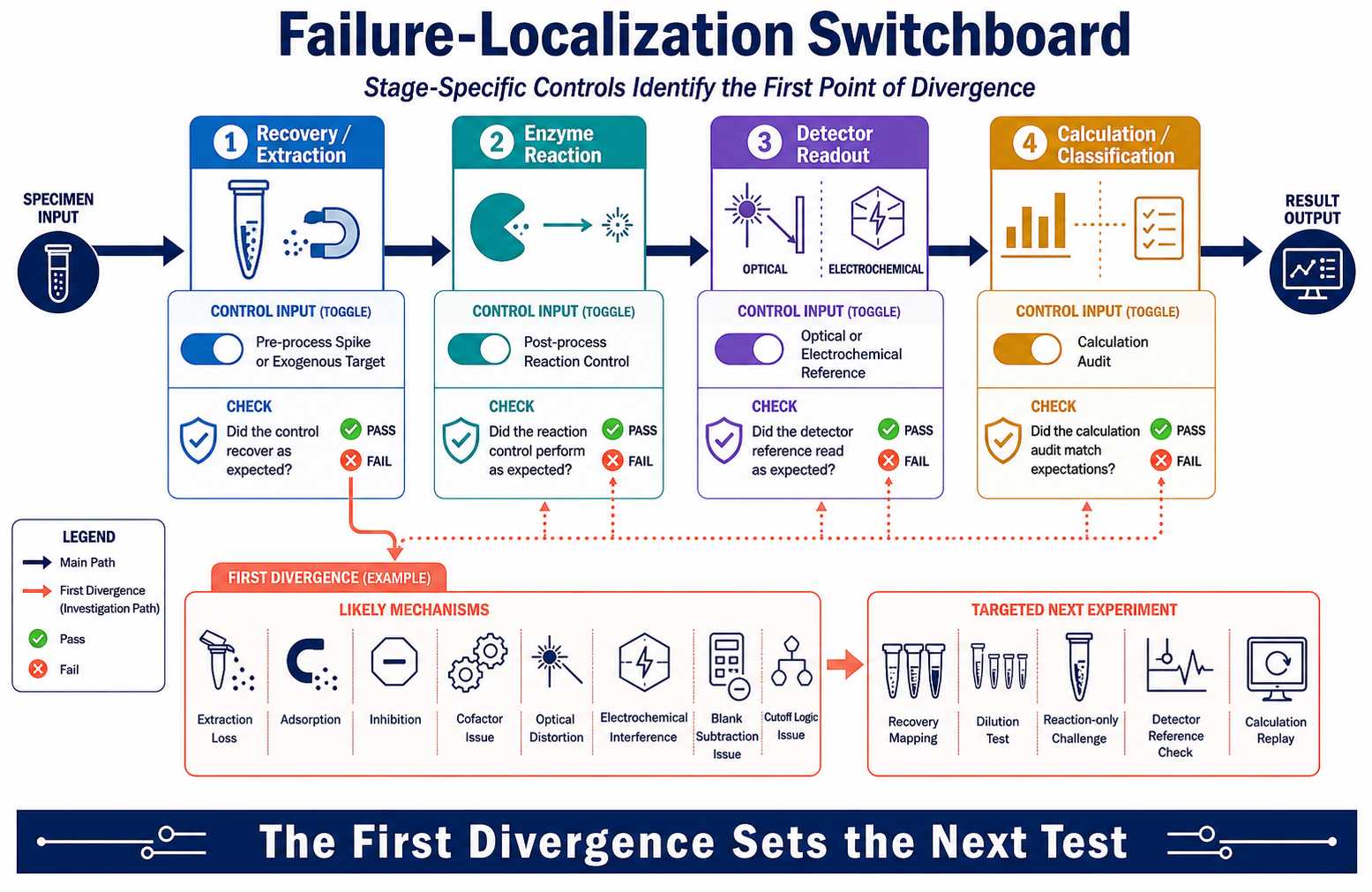 Failure localization switchboard for diagnostic enzyme assays using controls at sample recovery reaction detection and result calculation stages