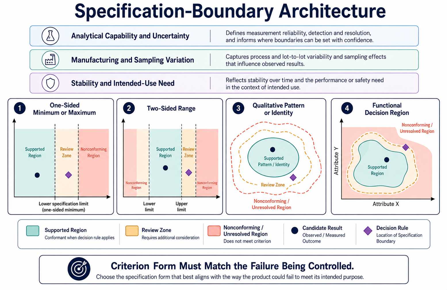 Specification boundary architecture for diagnostic enzyme release testing showing one sided two sided qualitative and functional criteria with analytical uncertainty process and stability context