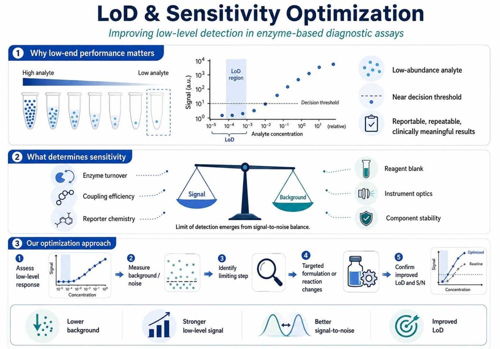 Limit of detection and sensitivity optimization for enzyme-based diagnostic assays