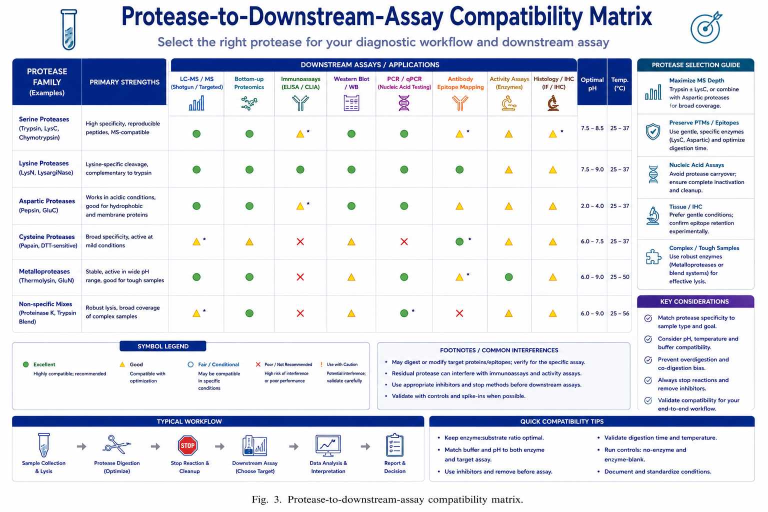 Protease-to-downstream-assay compatibility matrix